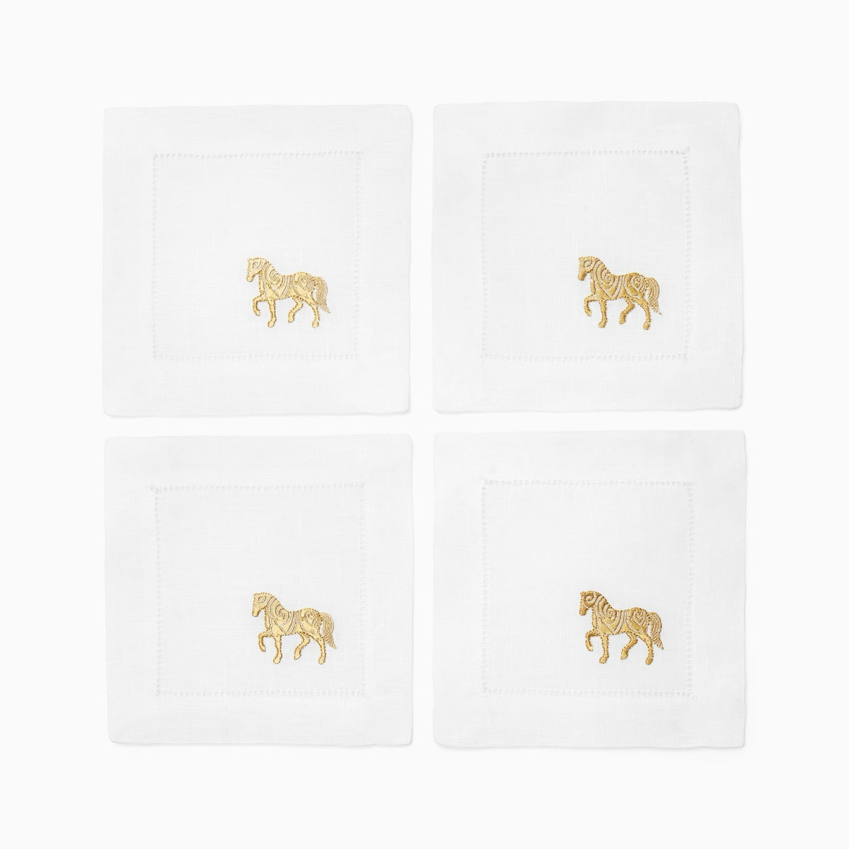 Pack of Four Sferra Year of the Horse Cocktail Napkins in White and Gold