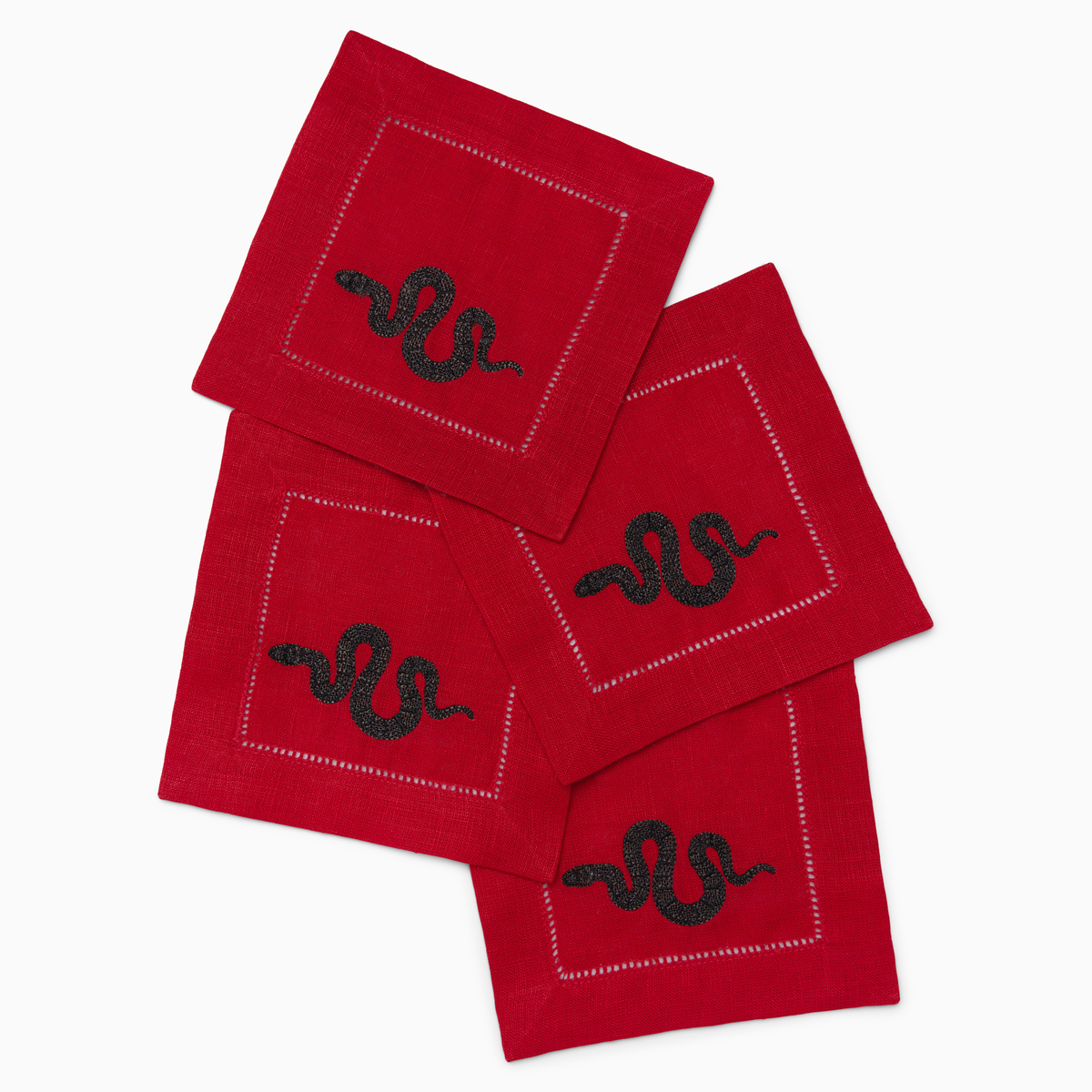 4 Pack of Sferra Year of the Snake Cocktail Napkins in Red and Black Color