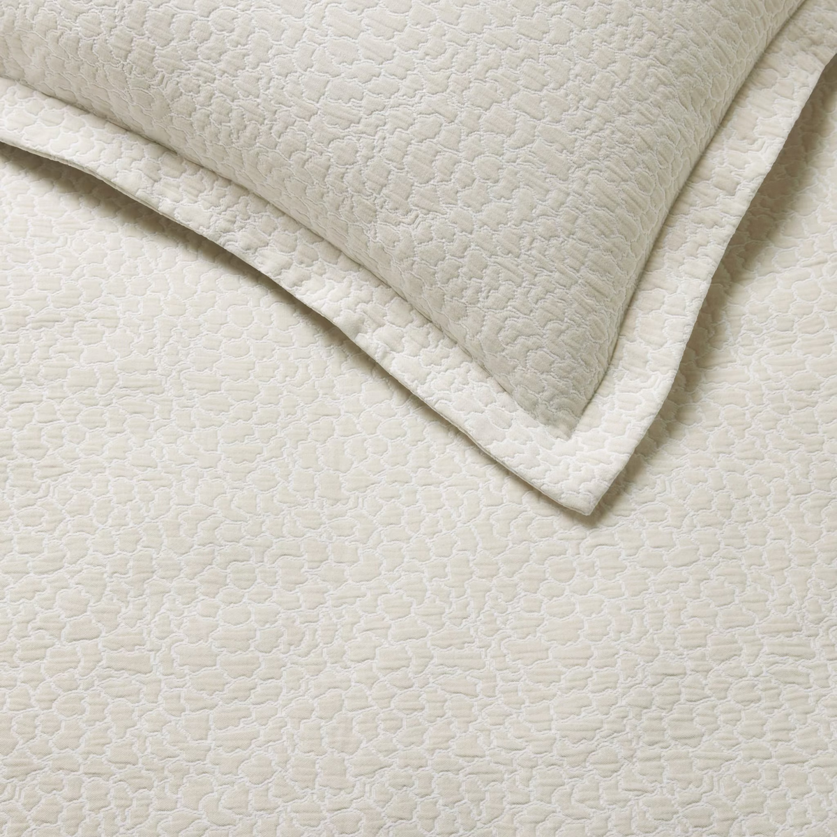 Detail View of White and Sand color Sferra x Scalamandre Aurelia Coverlet and Sham