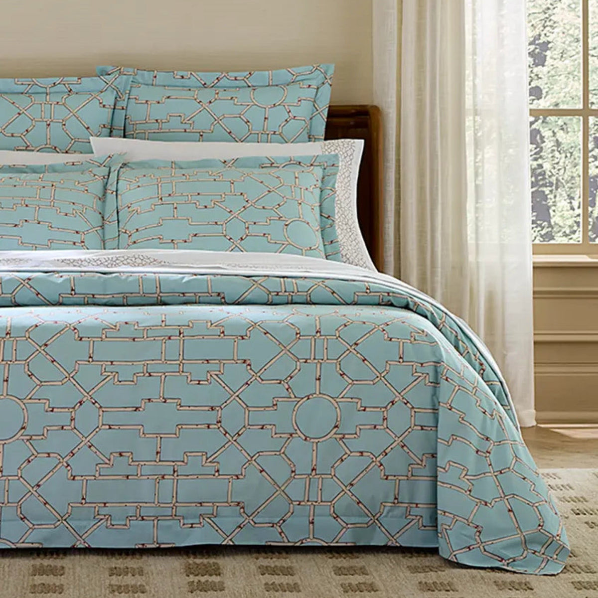 Corner View of Bed in Aqua Sferra x Scalamandre Baldwin Bamboo Bedding Collection