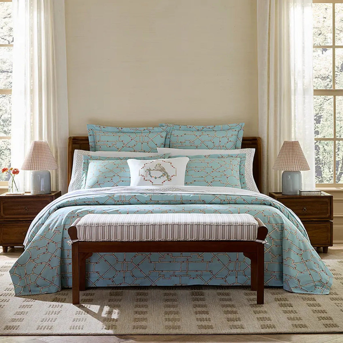 Bed in Aqua Sferra x Scalamandre Baldwin Bamboo Duvet Cover and Shams