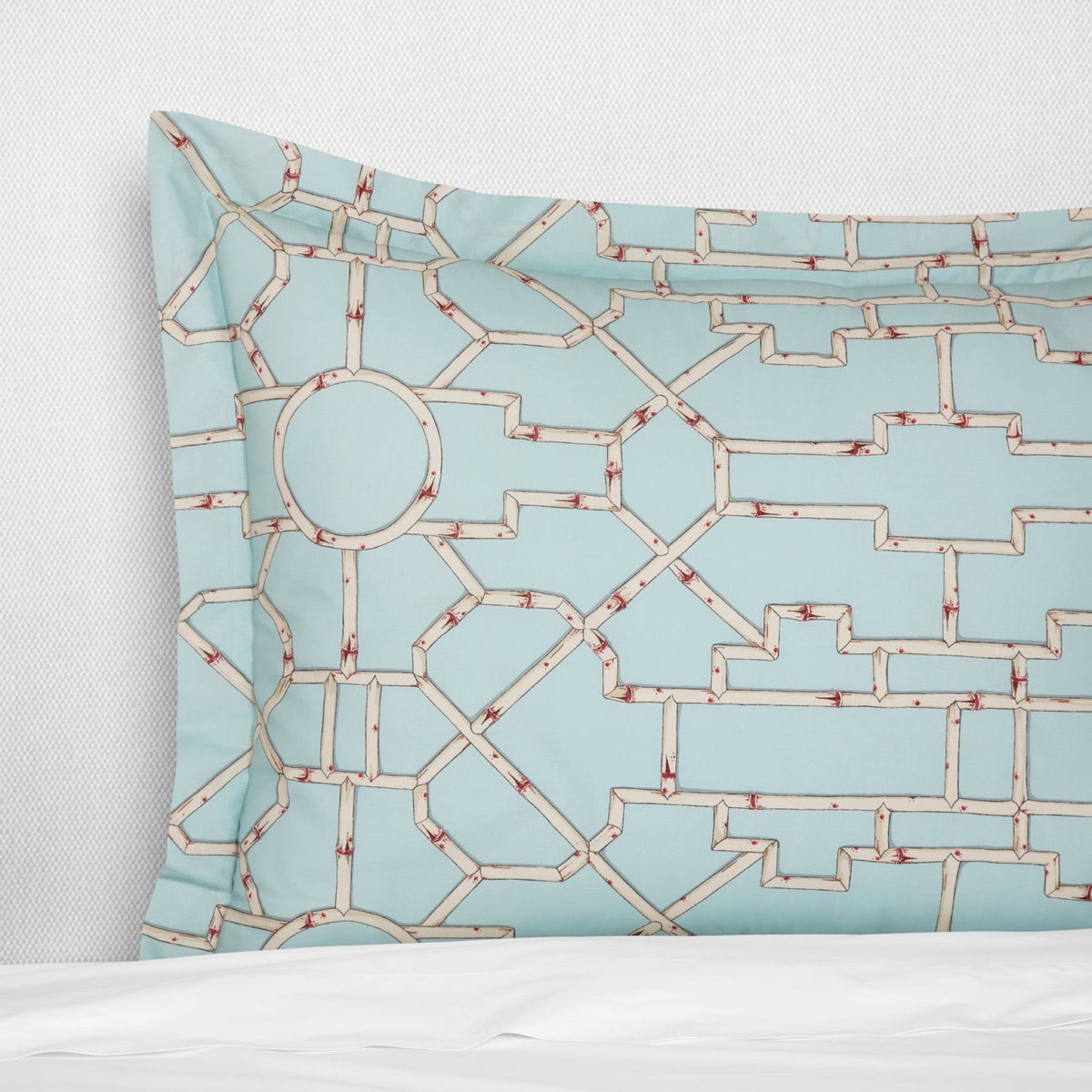Sham Closeup of Aqua Sferra x Scalamandre Baldwin Bamboo Bedding Collection