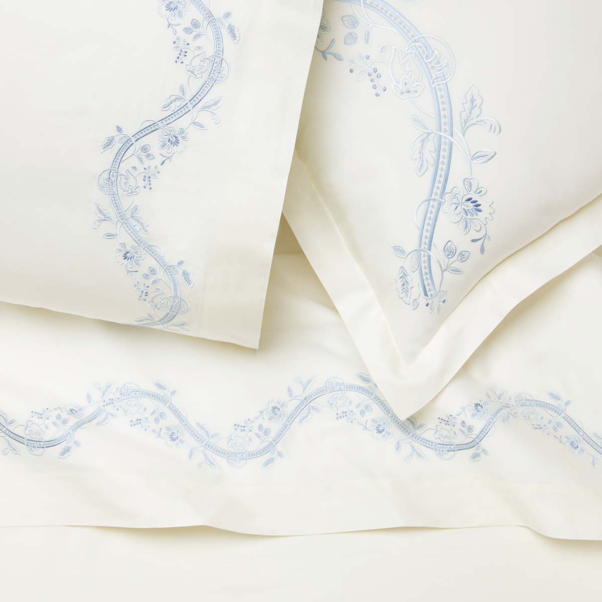 Detail View of Sferra x Scalamandre Isabella Bedding in Ivory/Sea Embroidery