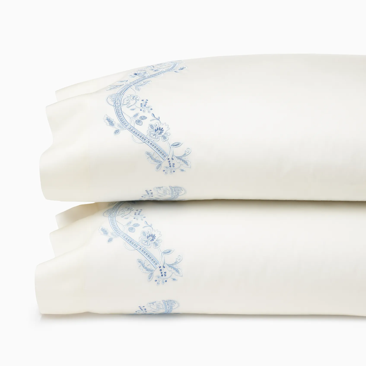 Pillowcases of Sferra x Scalamandre Isabella Bedding in Ivory/Sea Embroidery