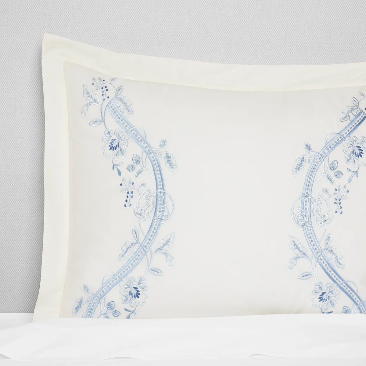 Closeup of Sferra x Scalamandre Isabella Sham in Ivory/Sea Embroidery