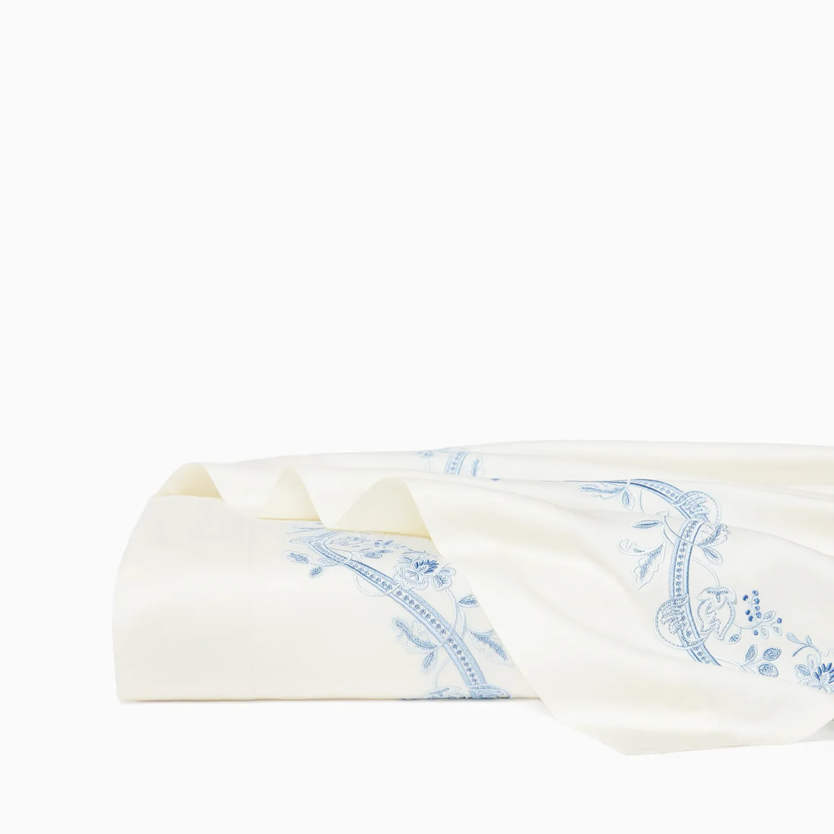 Flat Sheet of Sferra x Scalamandre Isabella Bedding in Ivory/Sea Embroidery