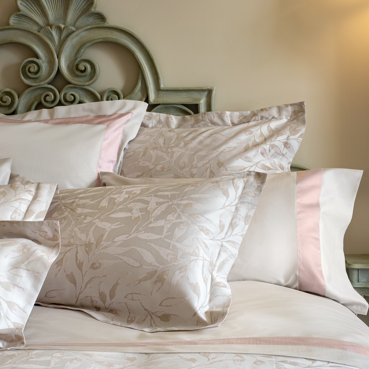 Shams Closeup of Signoria Argentario Bedding in Pink and Khaki Color