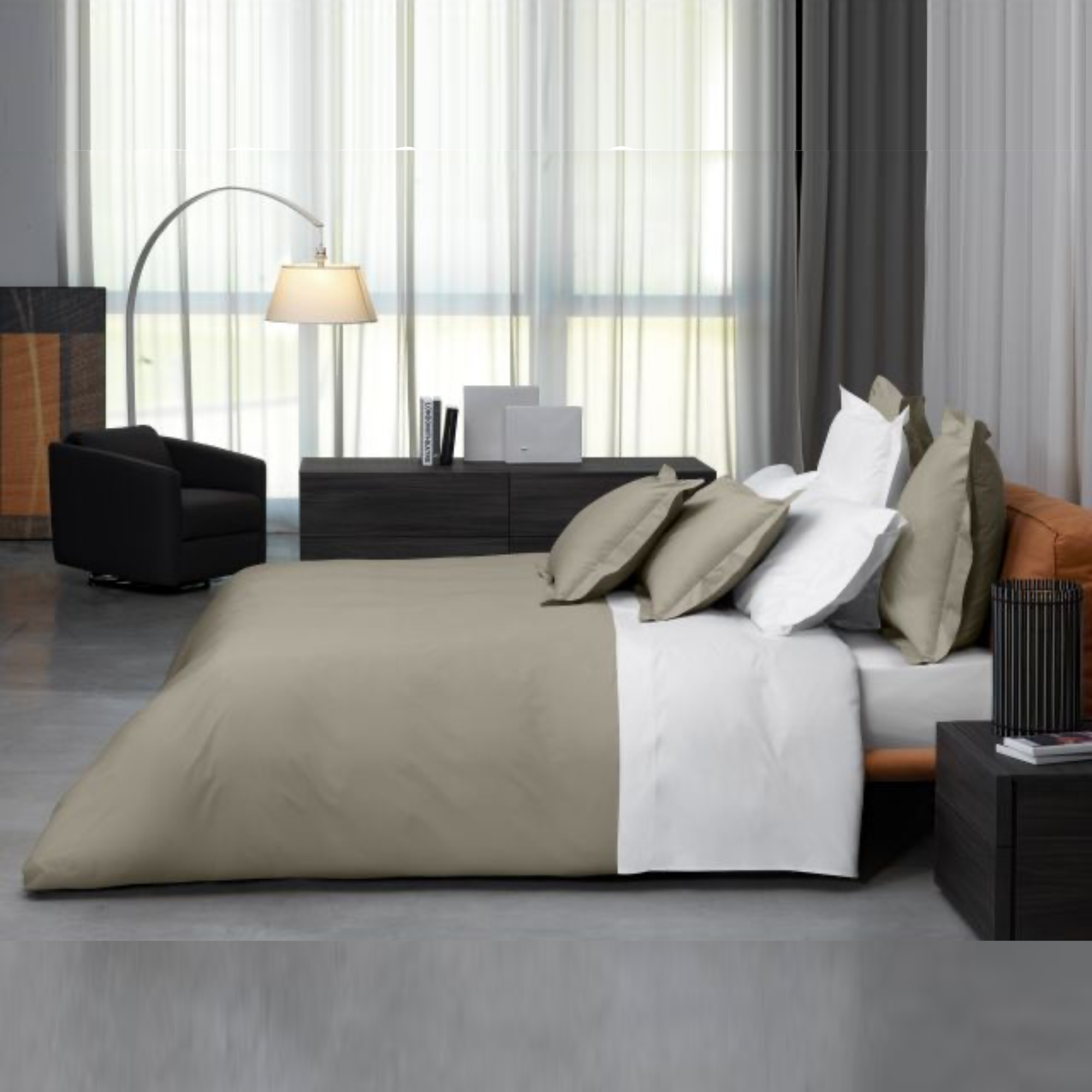 Full Bed Dressed in Signoria Gemma Bedding in Khaki Color