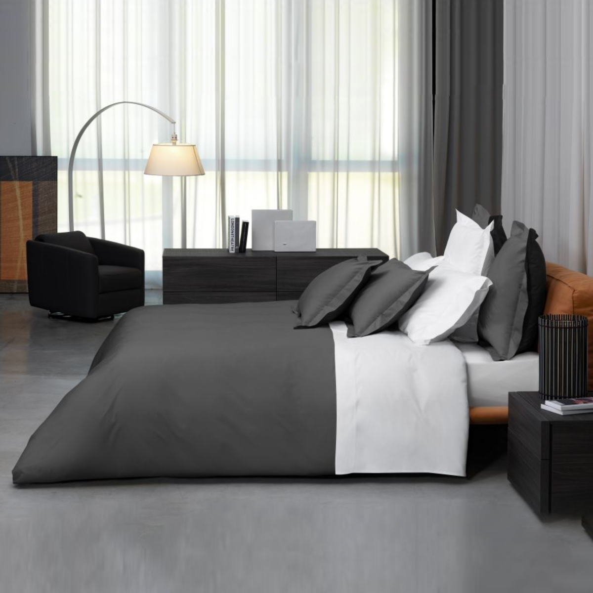 Full Bed Dressed in Signoria Gemma Bedding in Lead Grey Color