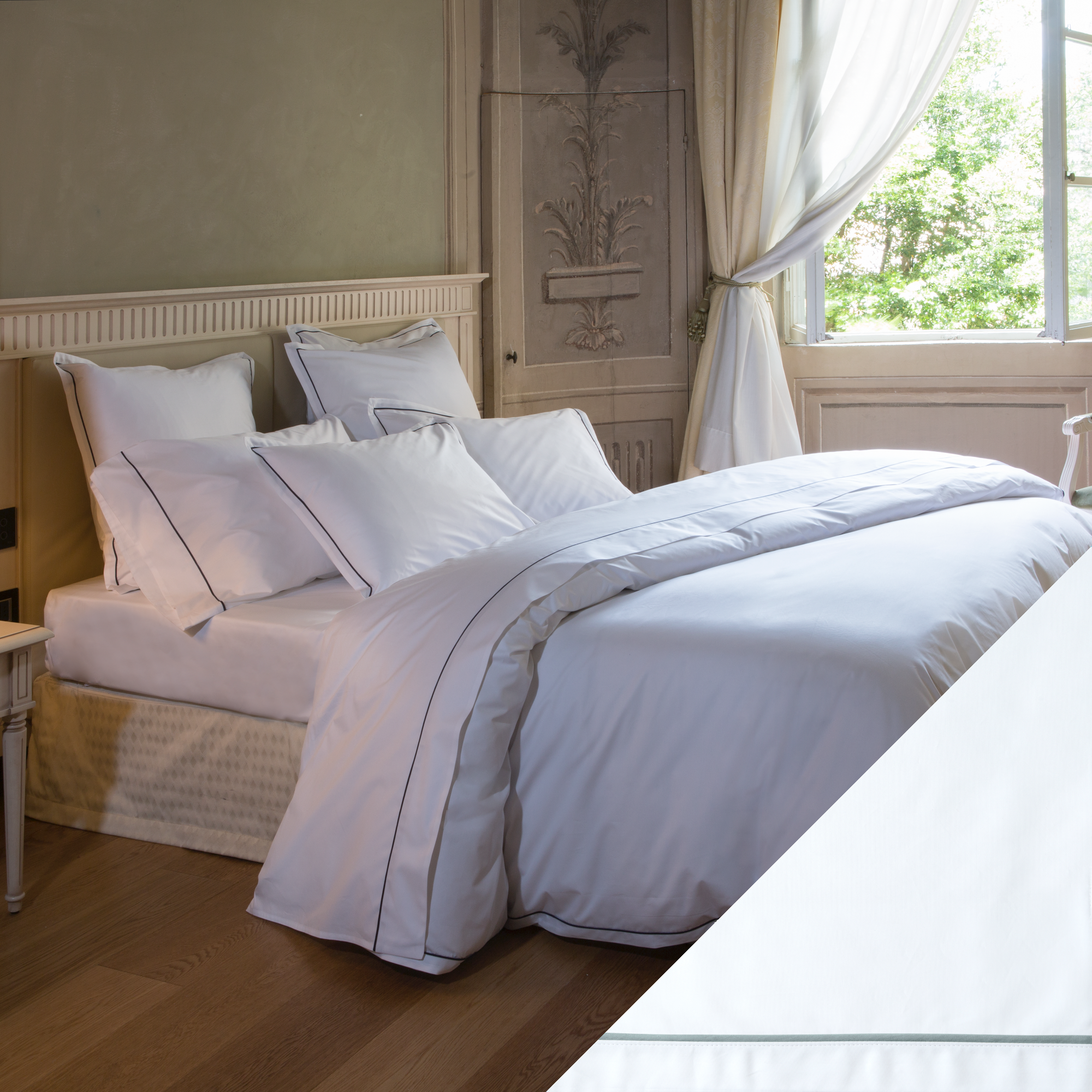 Full Bed Dressed in Signoria Luce Bedding in White Color with Wilton Blue Swatch