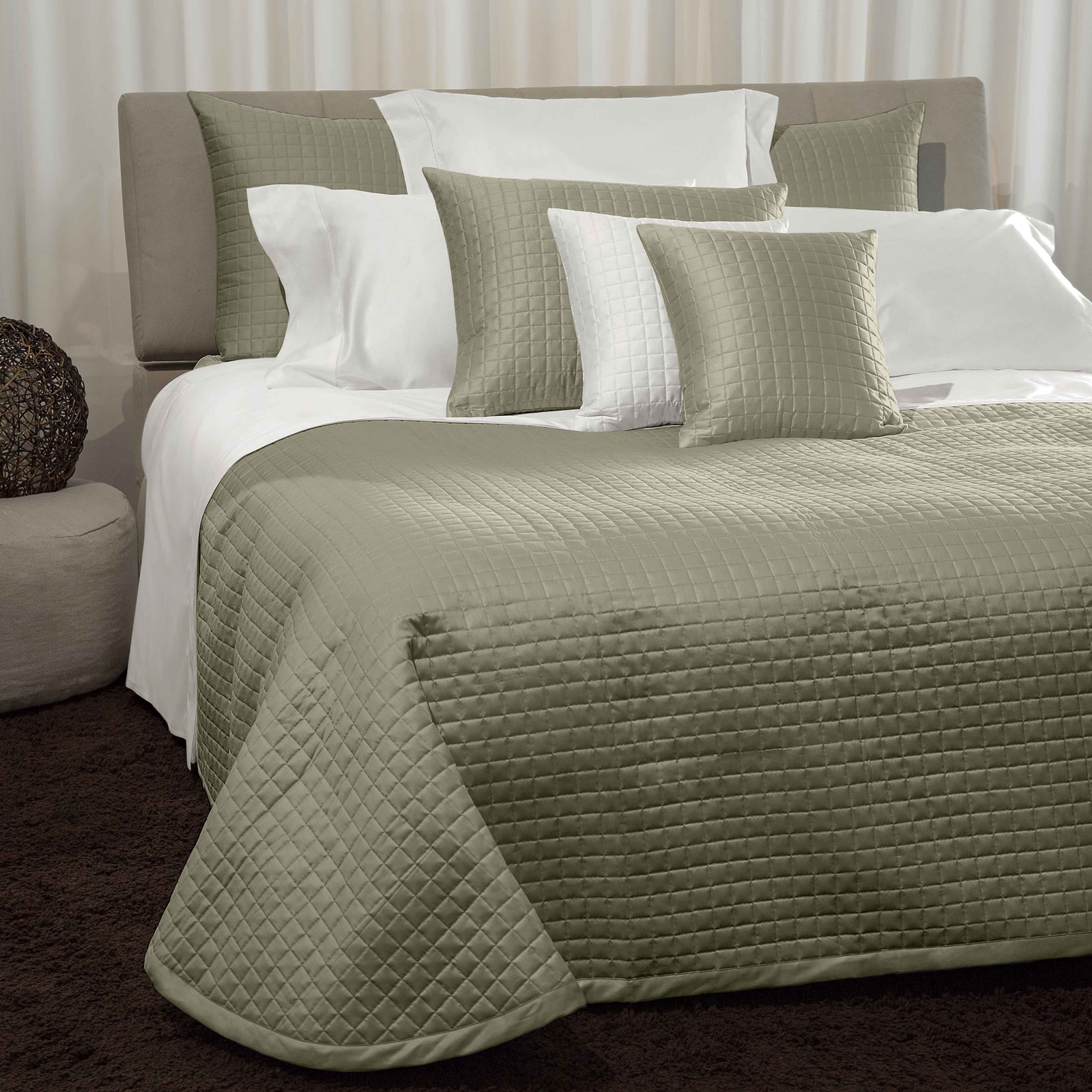 Bed Dressed in Signoria Masaccio Bedding in Olive Green Color