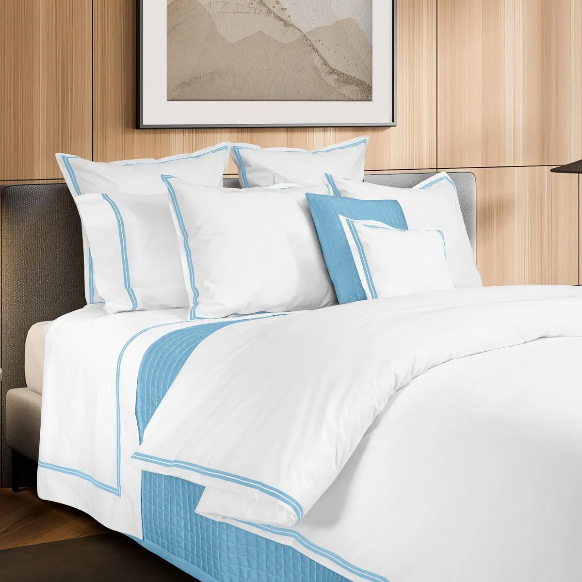 Closeup of Signoria Mylos Bedding in  White and Cerulean Blue