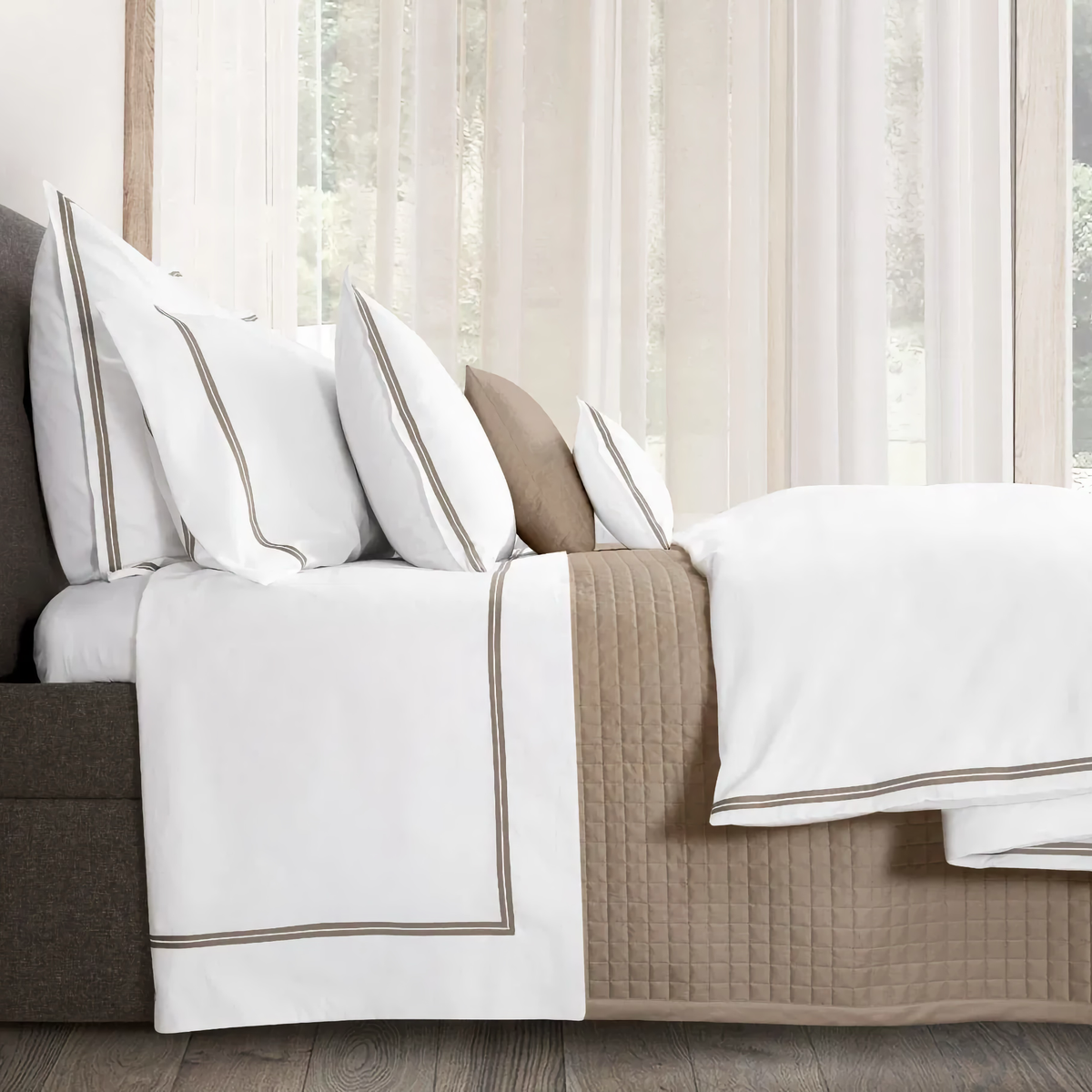 Flat Sheet of Signoria Mylos Bedding in  White and Brown