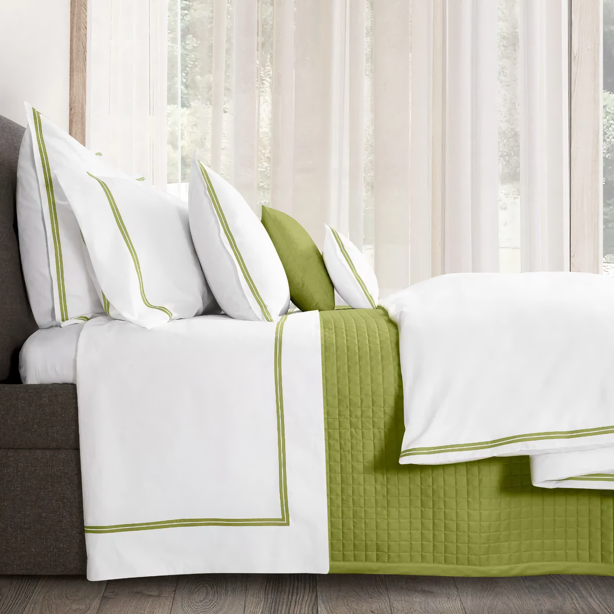 Flat Sheet of Signoria Mylos Bedding in  White and Moss Green