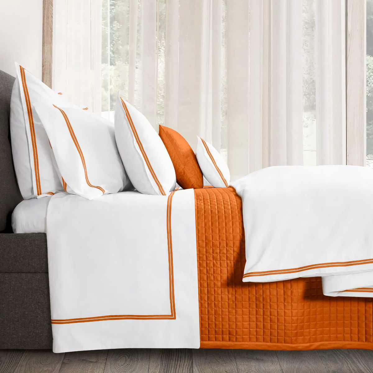 Flat Sheet of Signoria Mylos Bedding in  White and Rust 