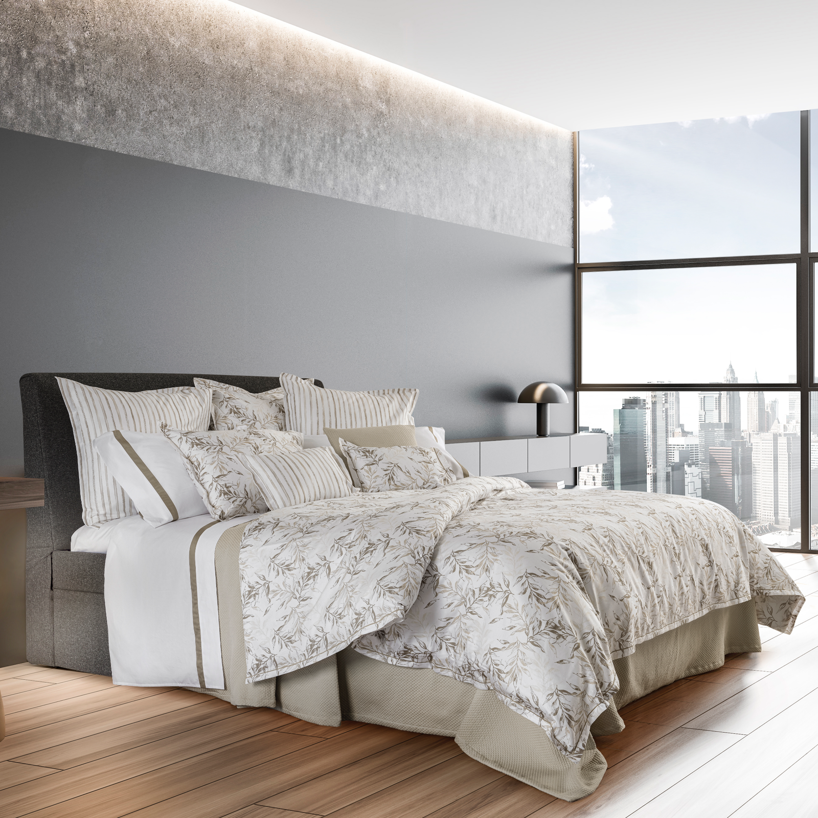 Full Bed Dressed in Beige Signoria Natura Bedding