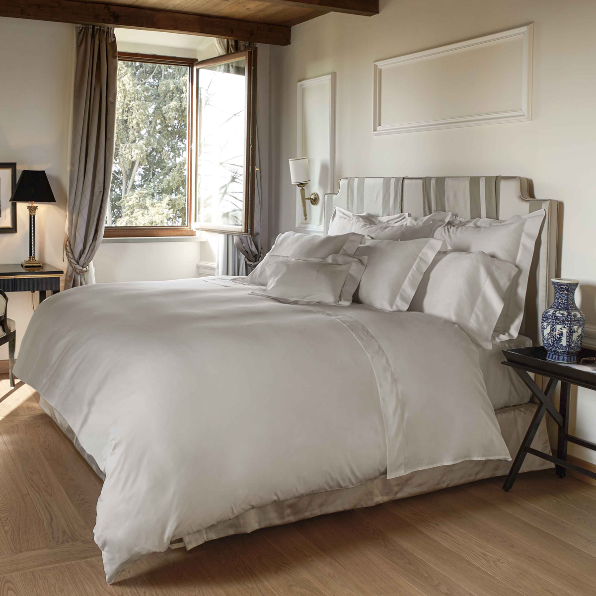 Full Bed Dressed in Signoria Nuvola Bedding in Pearl  Color