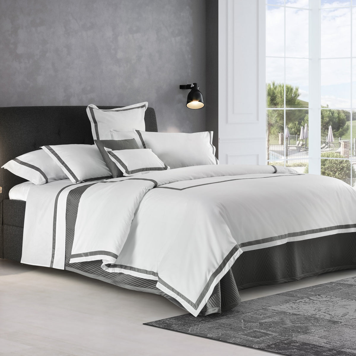 Full Bed Dressed in Signoria Pegaso Bedding in White/Lead Grey Color