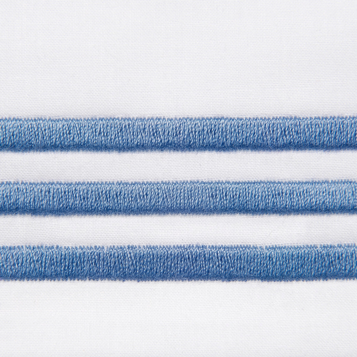 Fabric Closeup of Signoria Platinum Percale Bedding in White/Airforce Blue Color