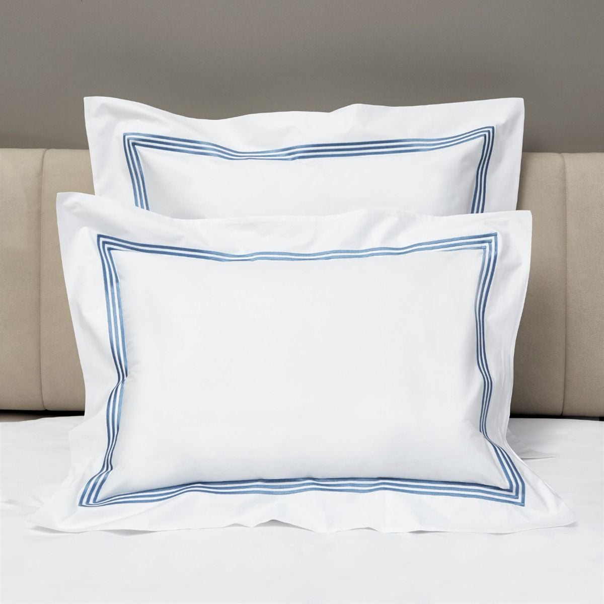 Shams of Signoria Platinum Percale Bedding in White/Airforce Blue Color