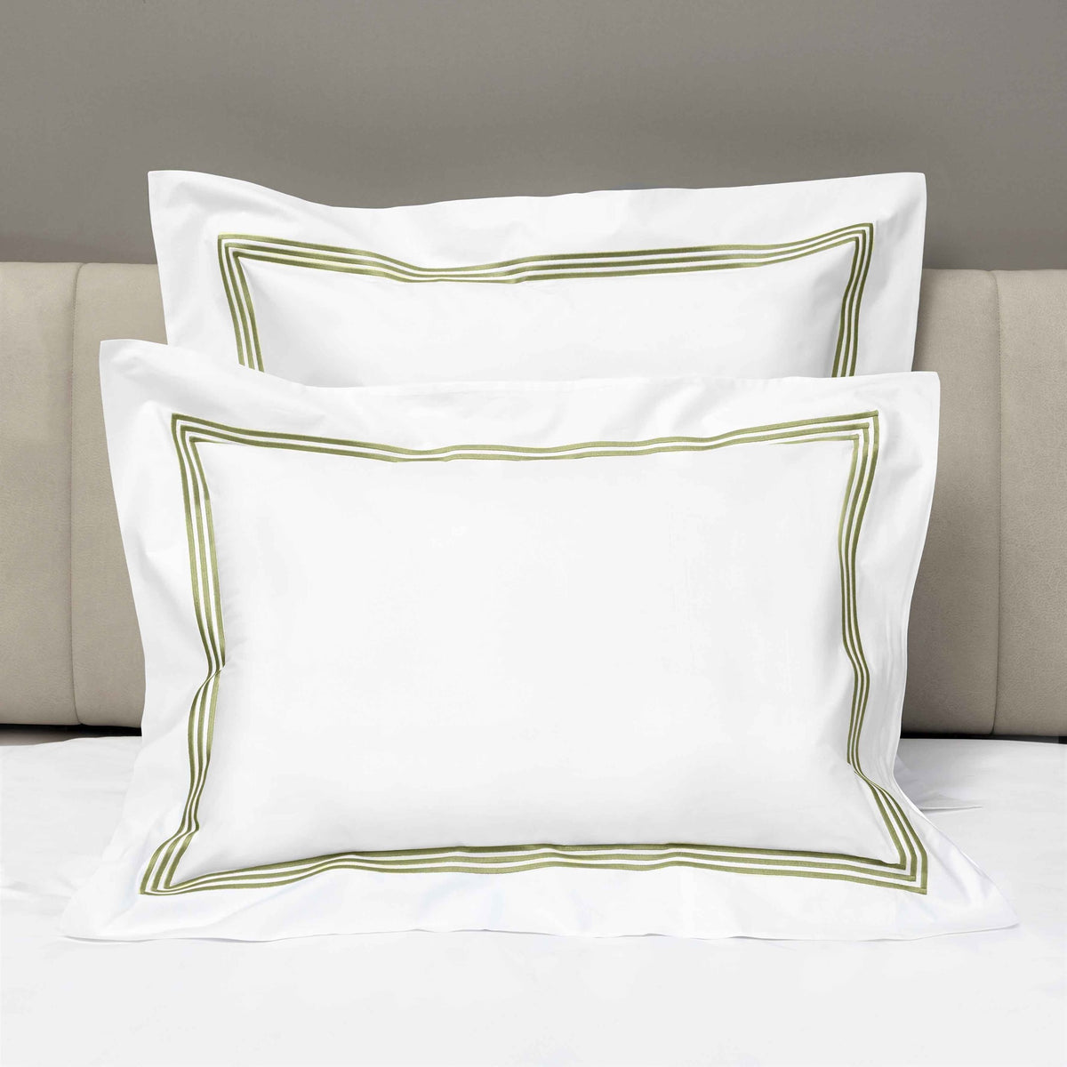 Shams of Signoria Platinum Percale Bedding in White/Moss Green Color