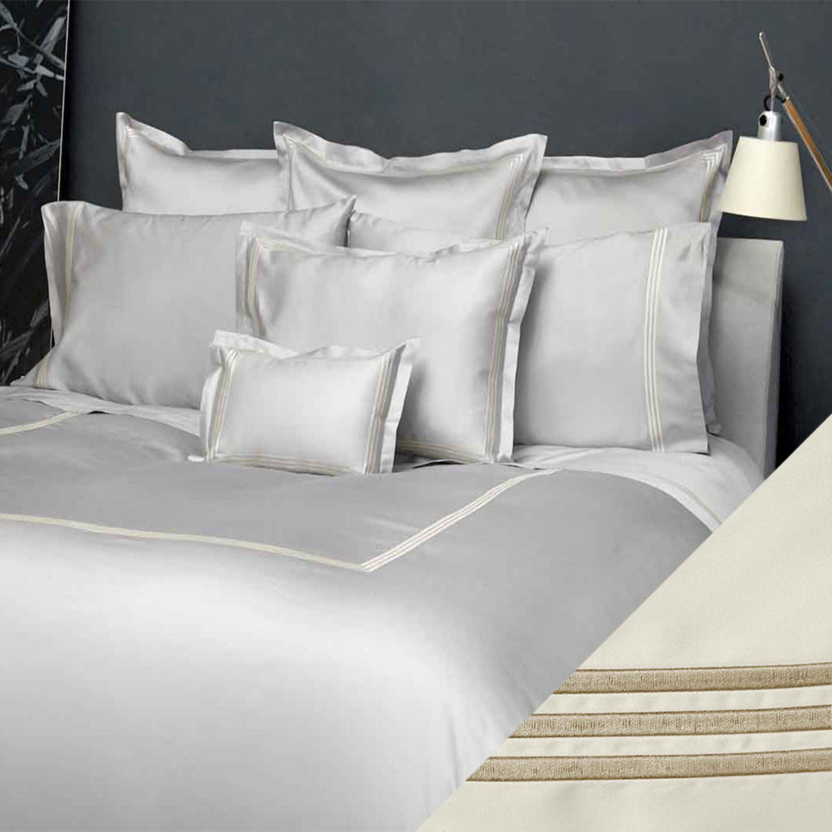 Full Bed Dressed in Signoria Platinum Sateen Bedding with Ivory/Taupe Swatch