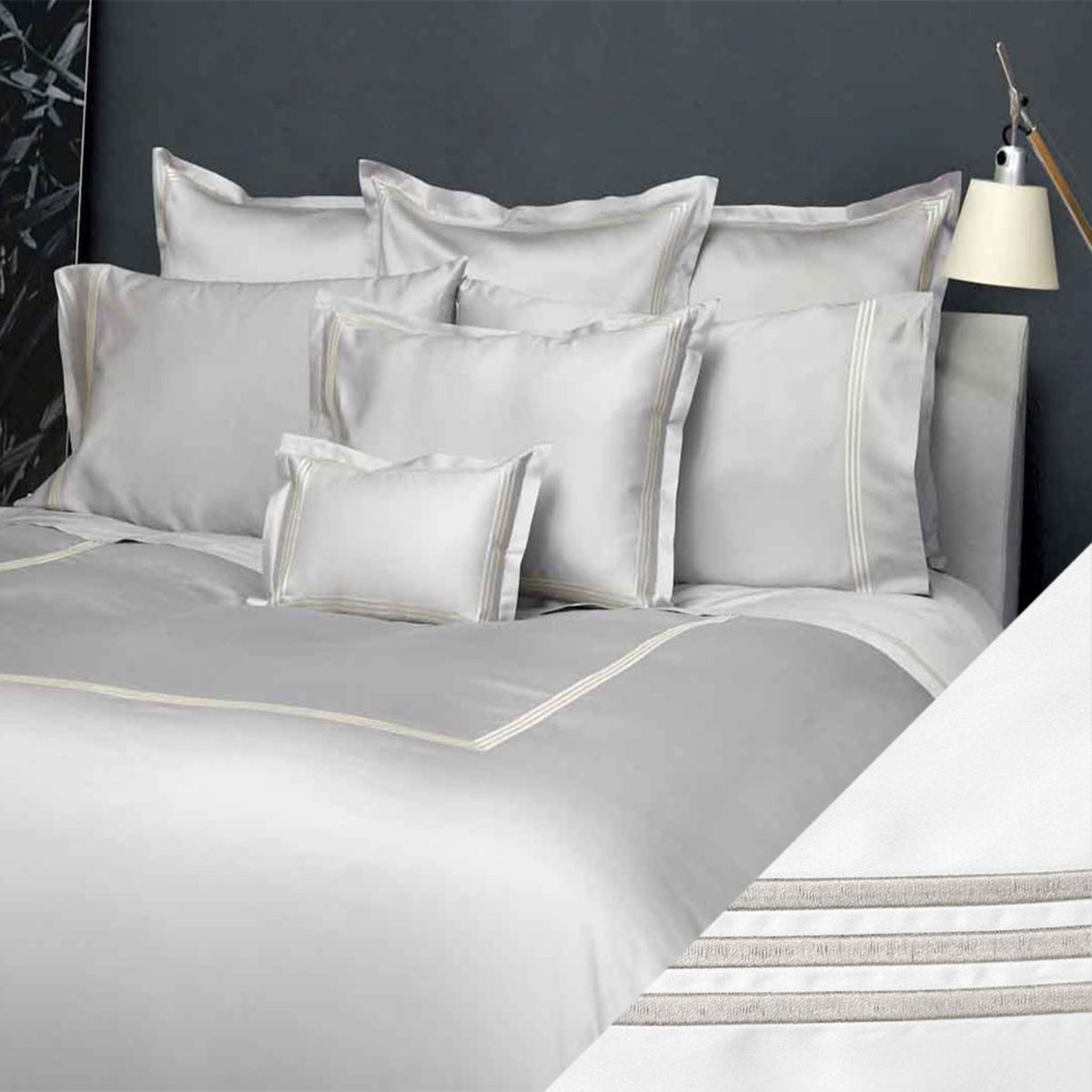 Full Bed Dressed in Signoria Platinum Sateen Bedding with White/Pearl Swatch