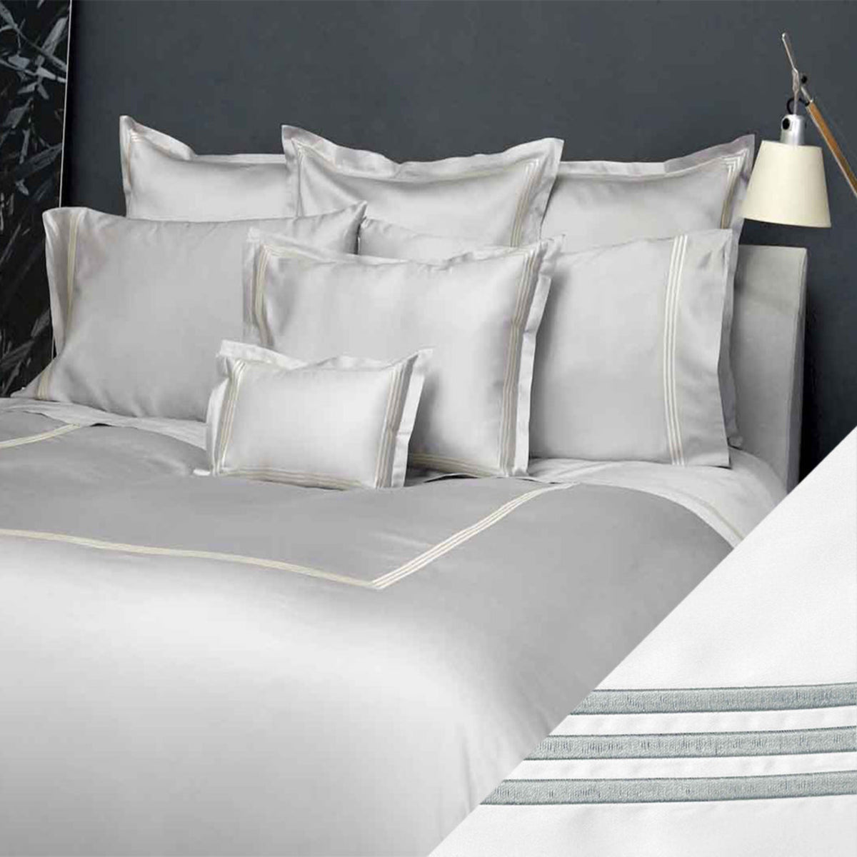 Full Bed Dressed in Signoria Platinum Sateen Bedding with White/Wilton Blue Swatch