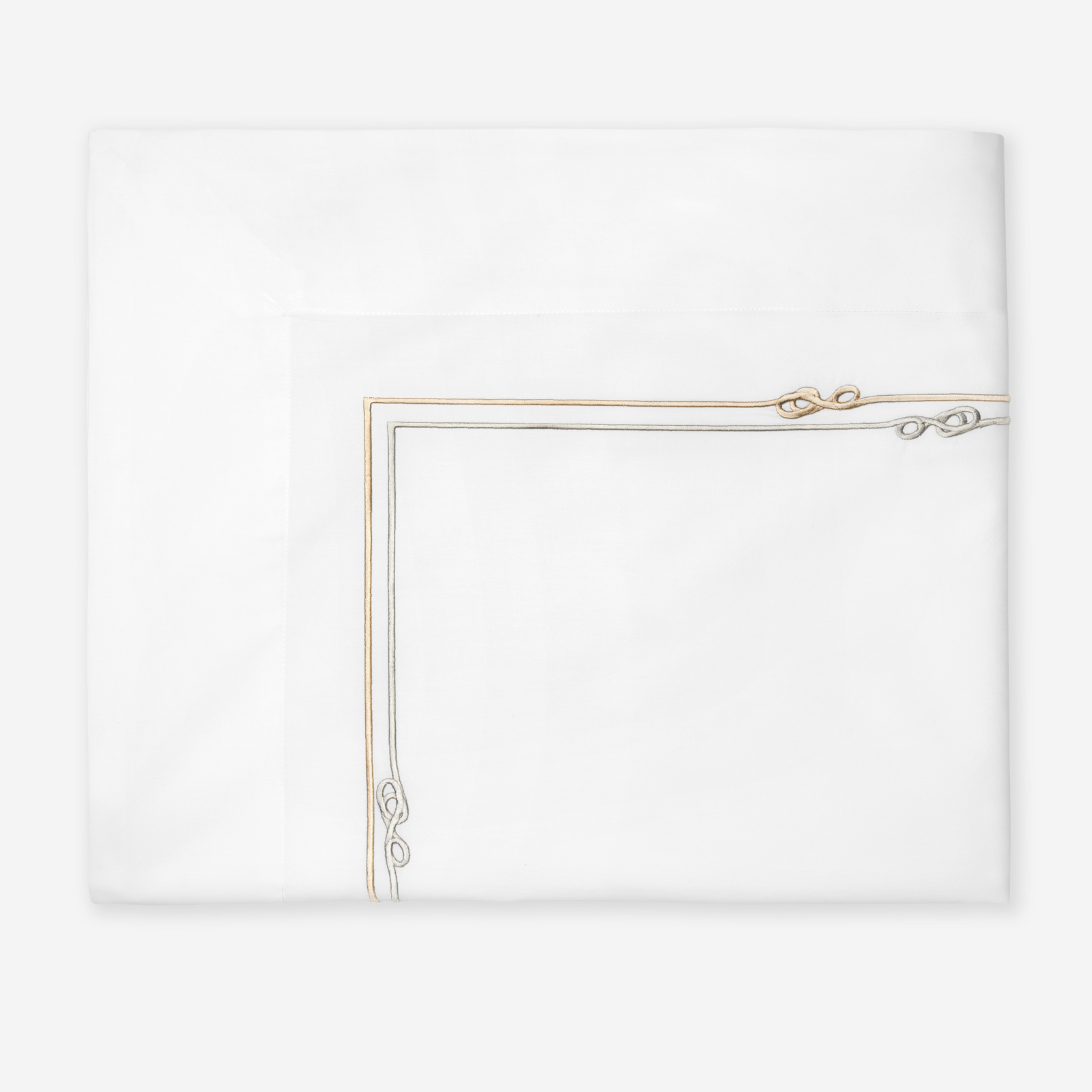 Full Lifestyle Image of Sferra Squillo Bedding with Swatch of White/Platinum