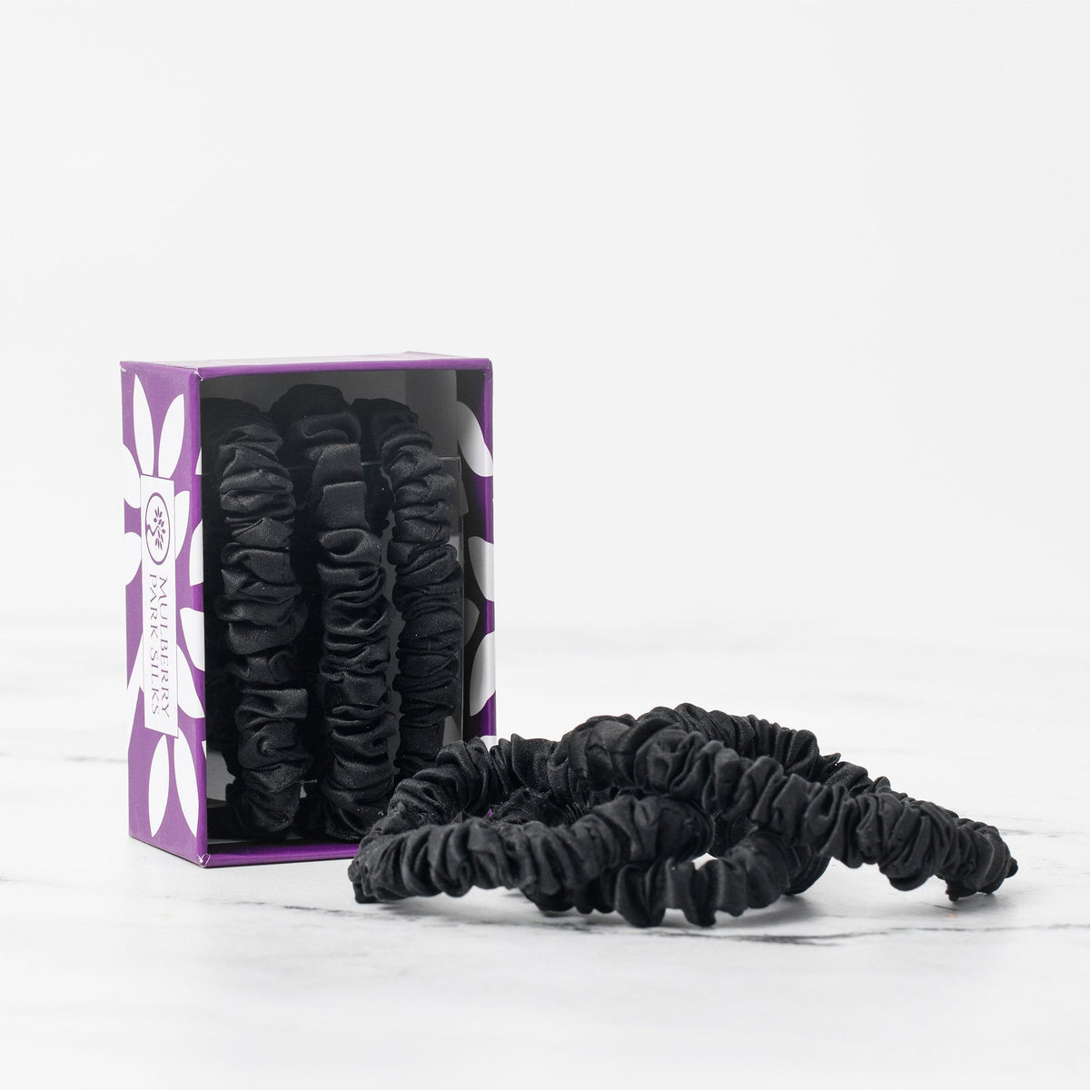  Mulberry Park Silks Silk Scrunchies - Midnight Black - Pure Mulberry Silk Skinny in Box