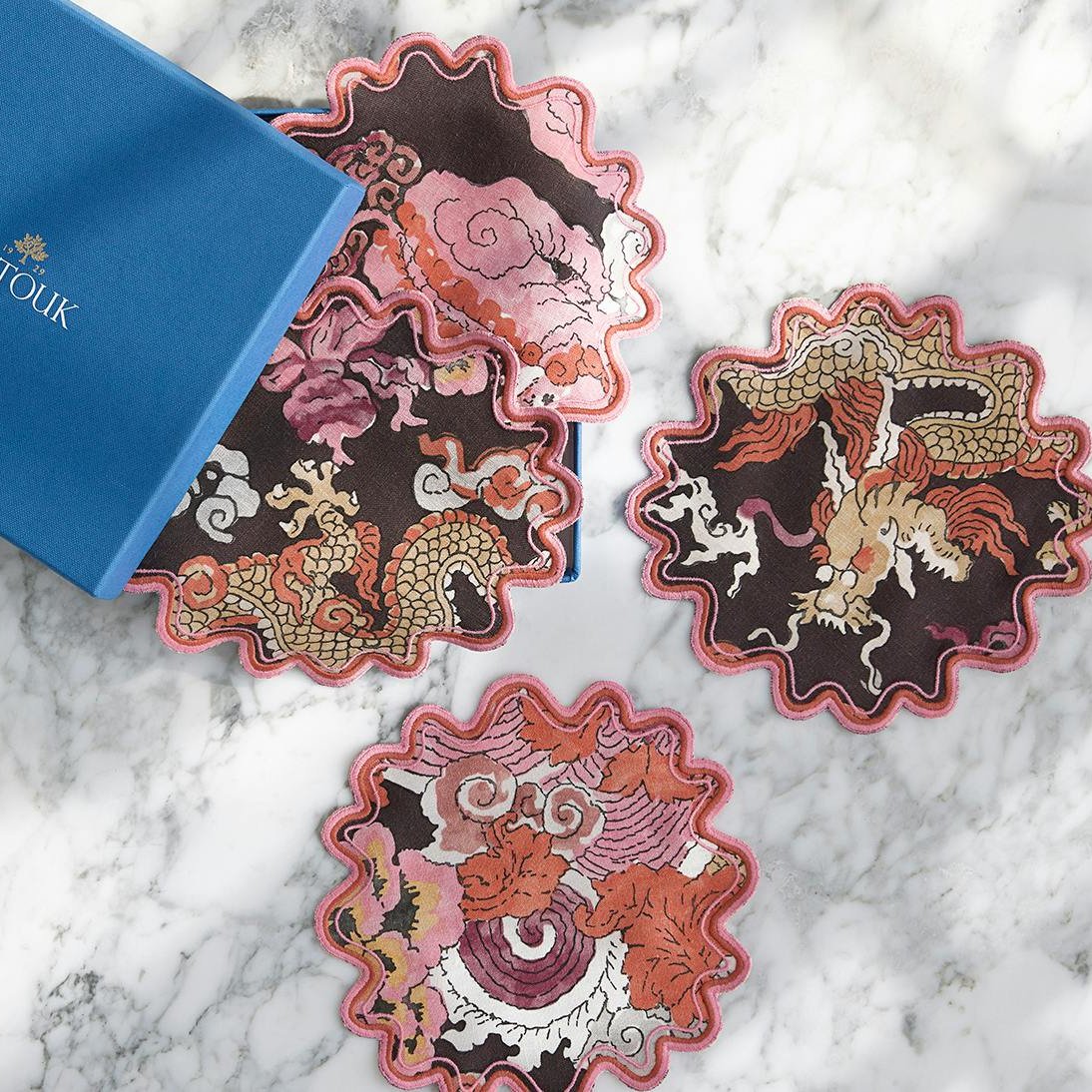 Lifestyle Shot of Matouk Schumacher Magic Mountain Cocktail Napkins in All Colors