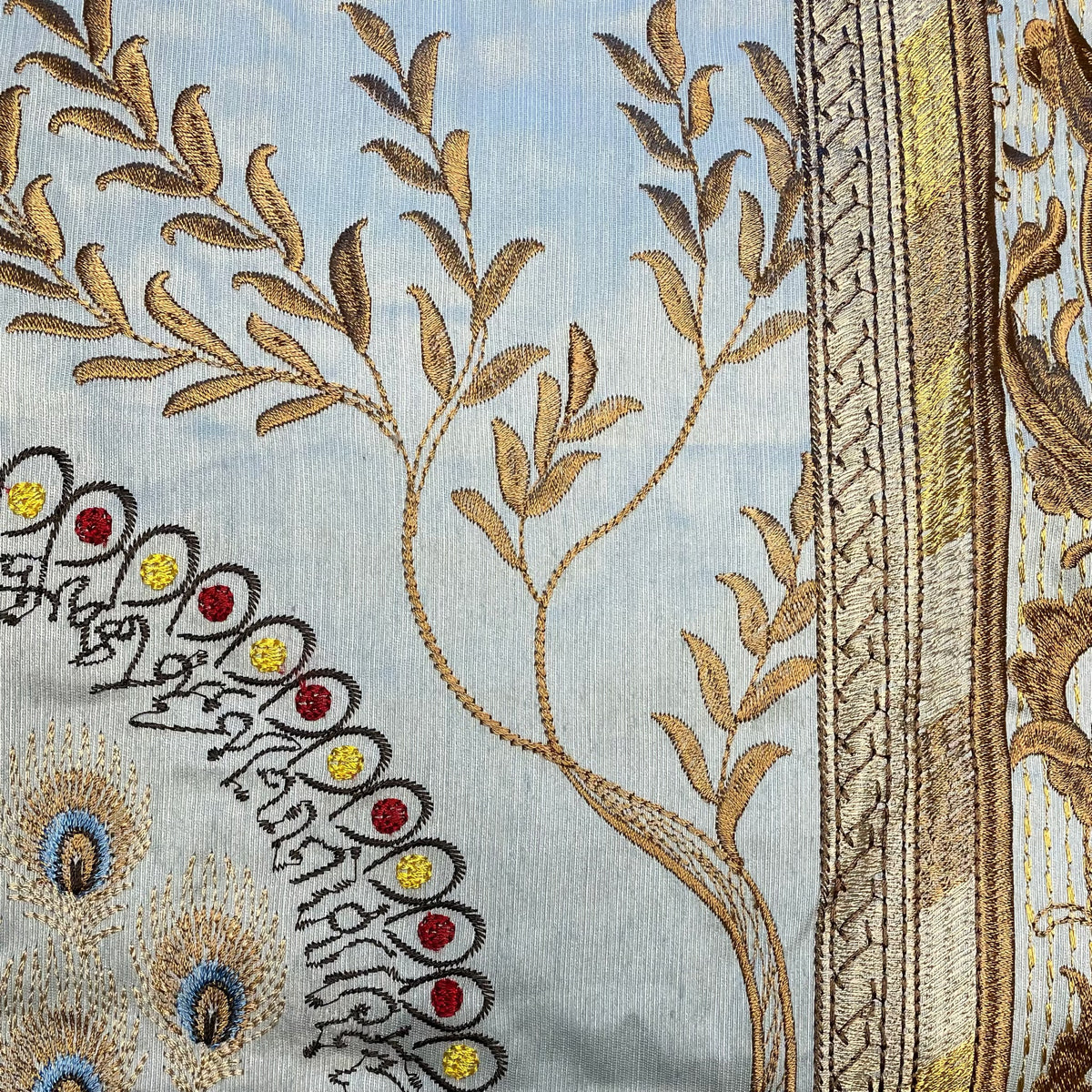 Embroidery Detail of The Met x Ann Gish Divani Peacock Decorative Pillow in Aqua/Gold