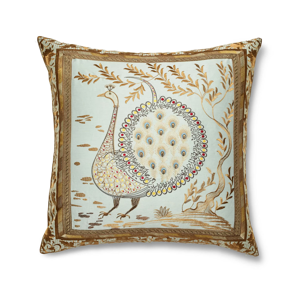 The Met x Ann Gish Divani Peacock Decorative Pillow in Aqua/Gold