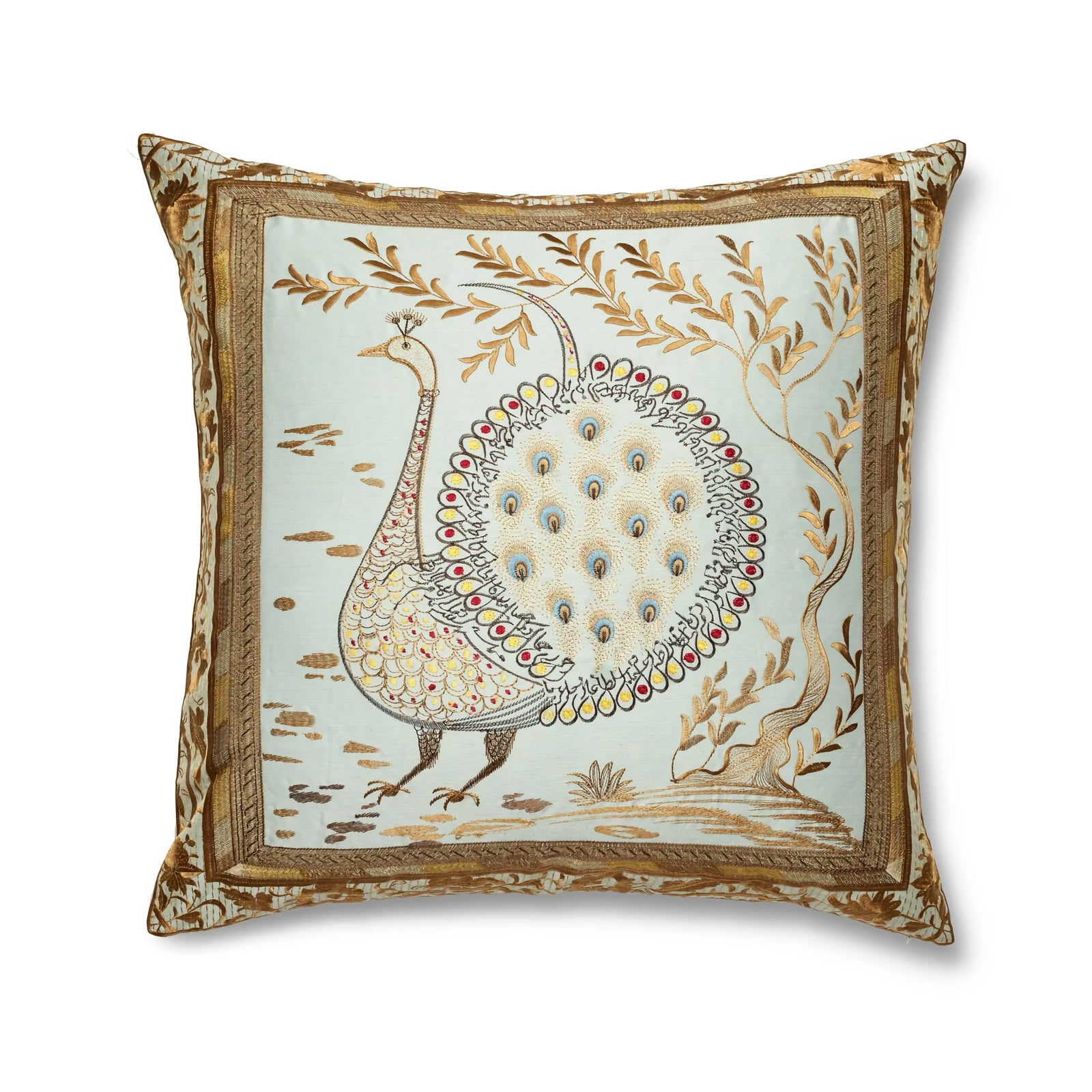The Met x Ann Gish Divani Peacock Decorative Pillow in Aqua/Gold