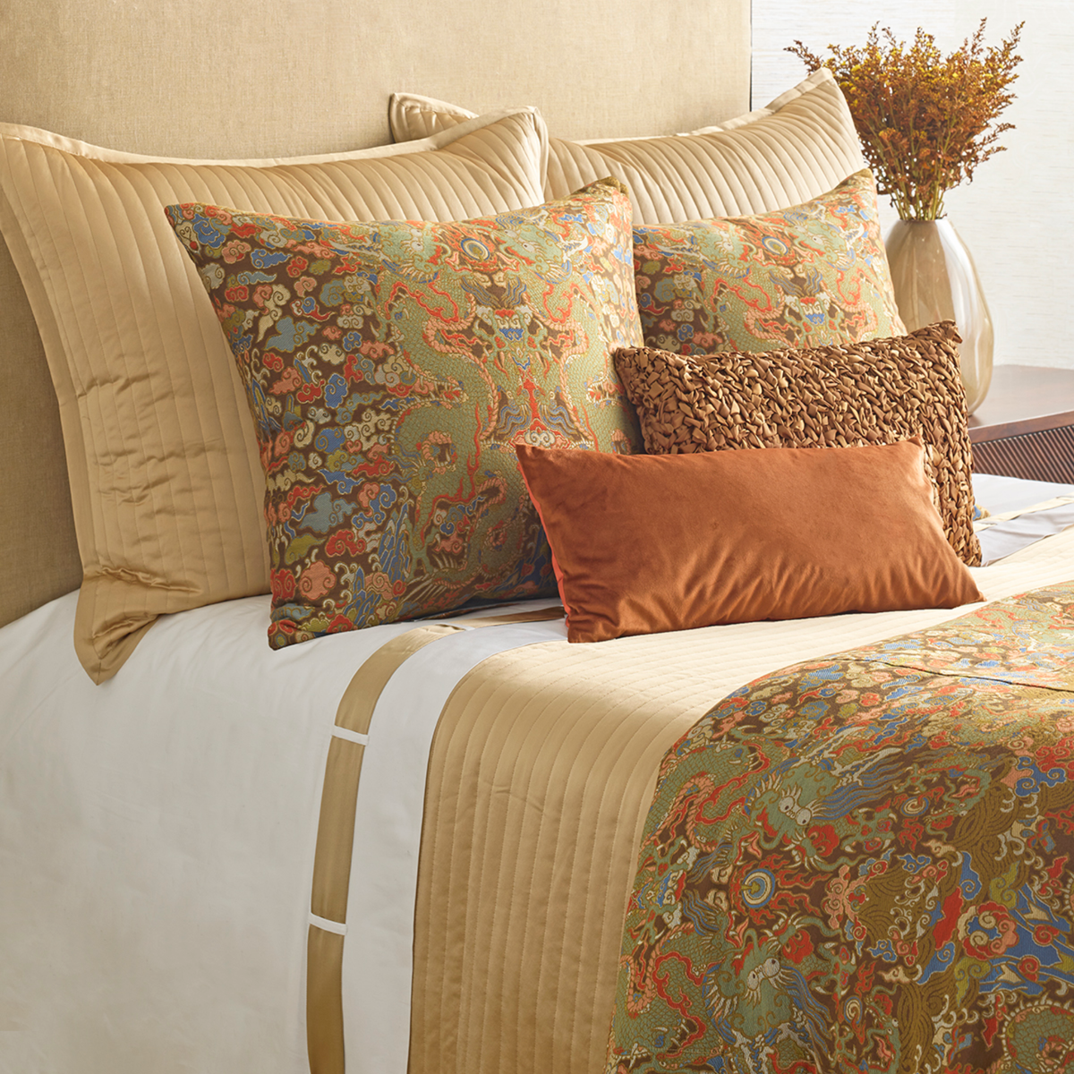 Closeup of The Met x Ann Gish Dragon Duvet Cover and Decorative Pillow