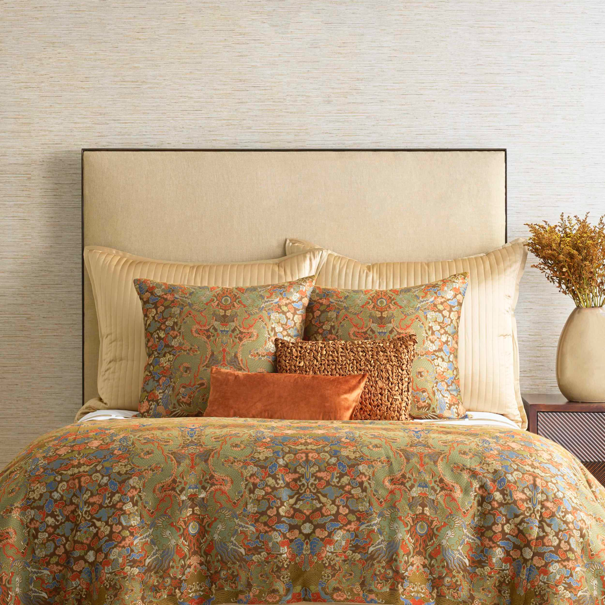 Bed with The Met x Ann Gish Dragon Duvet Cover and Decorative Pillow