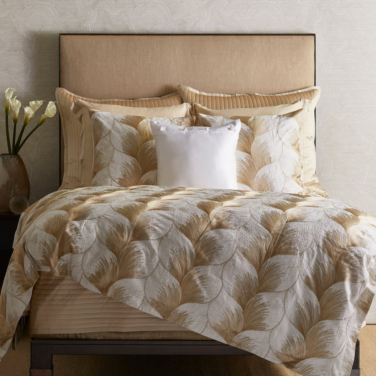 Front View of The Met x Ann Gish Fan Duvet Cover and Decorative Pillow in White and Gold