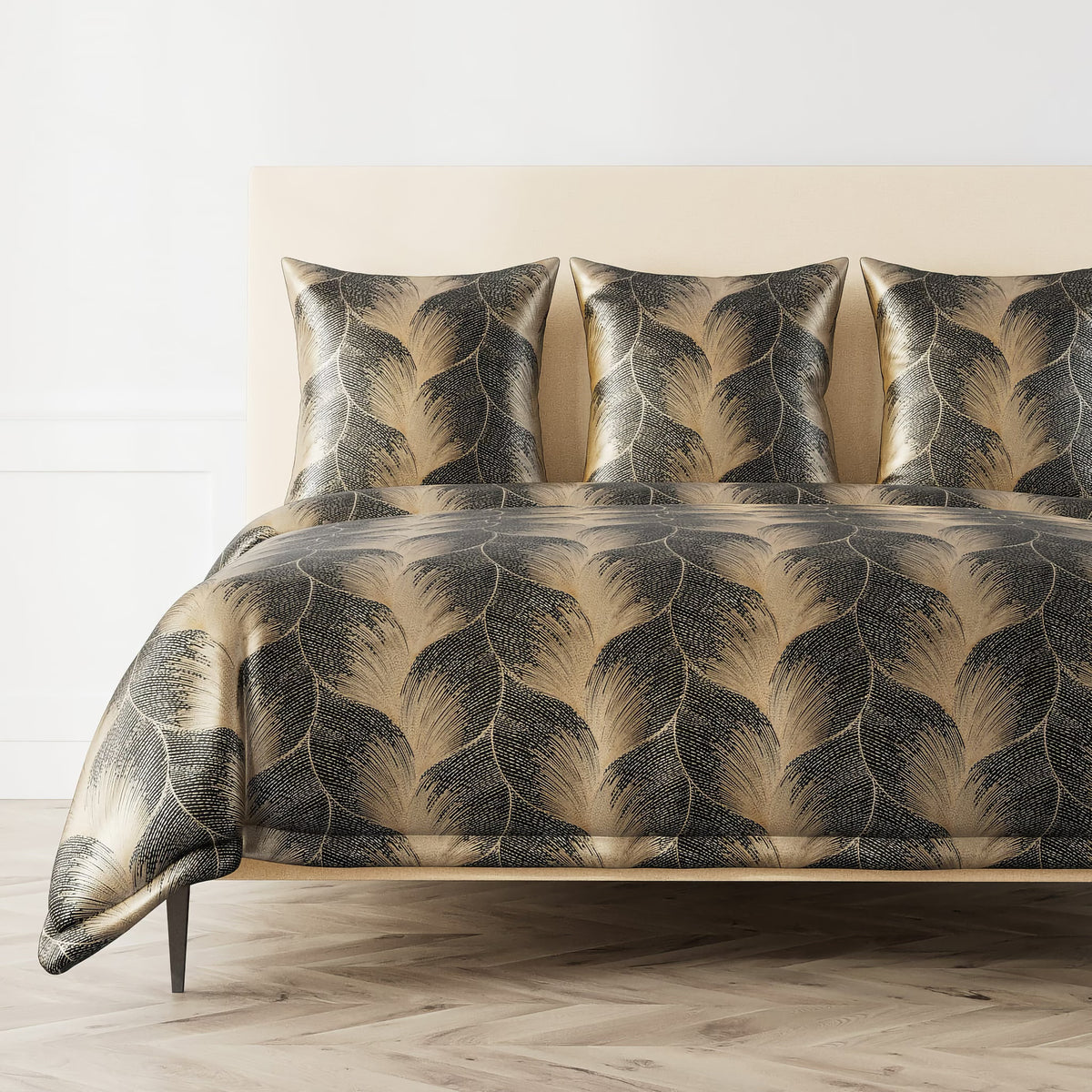 The Met x Ann Gish Fan Duvet Cover and Decorative Pillows in Umber and Gold