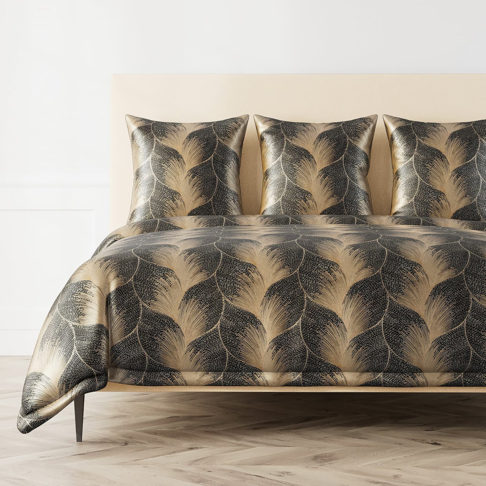 The Met x Ann Gish Fan Duvet Cover and Decorative Pillows in Umber and Gold