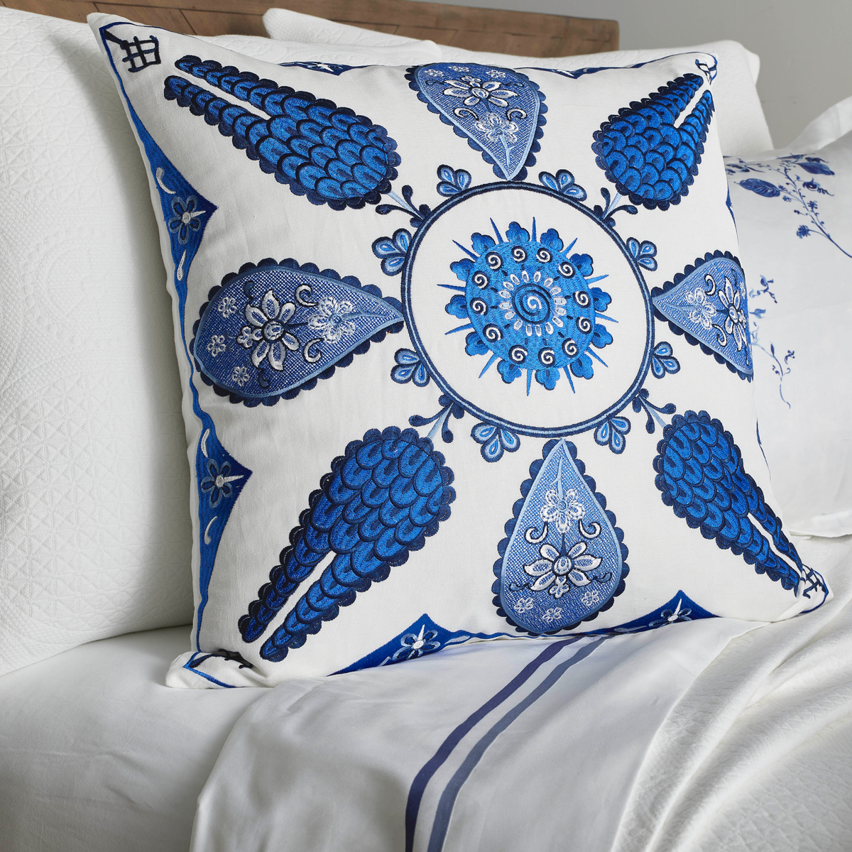 Closeup of The Met x Ann Gish Iznik Decorative Pillow in Indigo