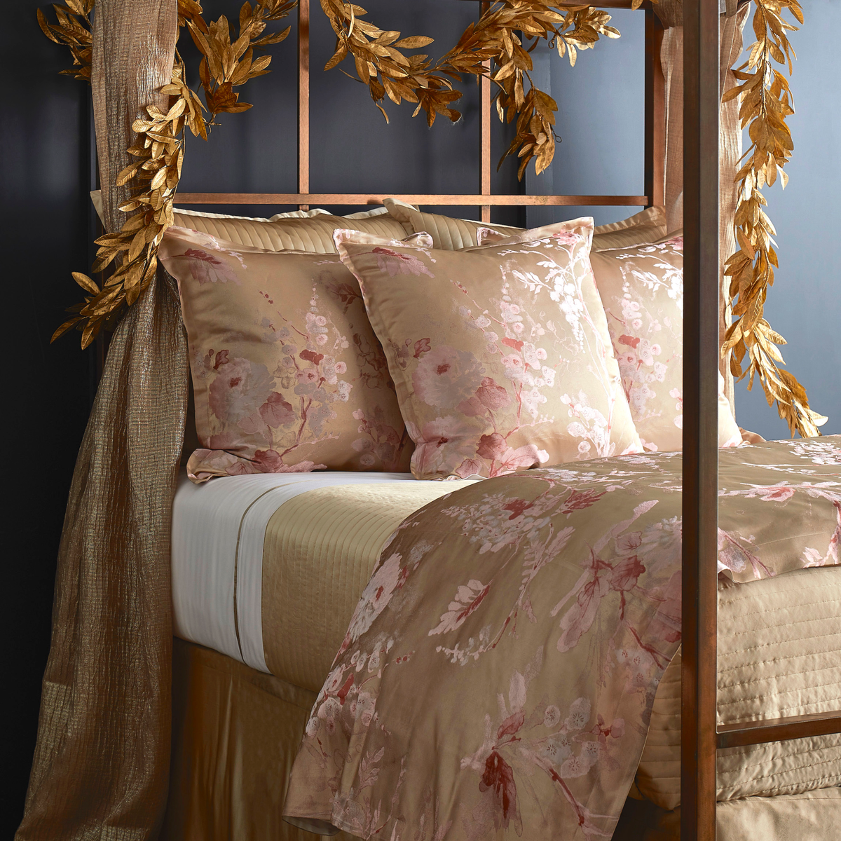 Closeup of The Met x Ann Gish Jardin Fleur Duvet Cover and Sham in Pink and Gold