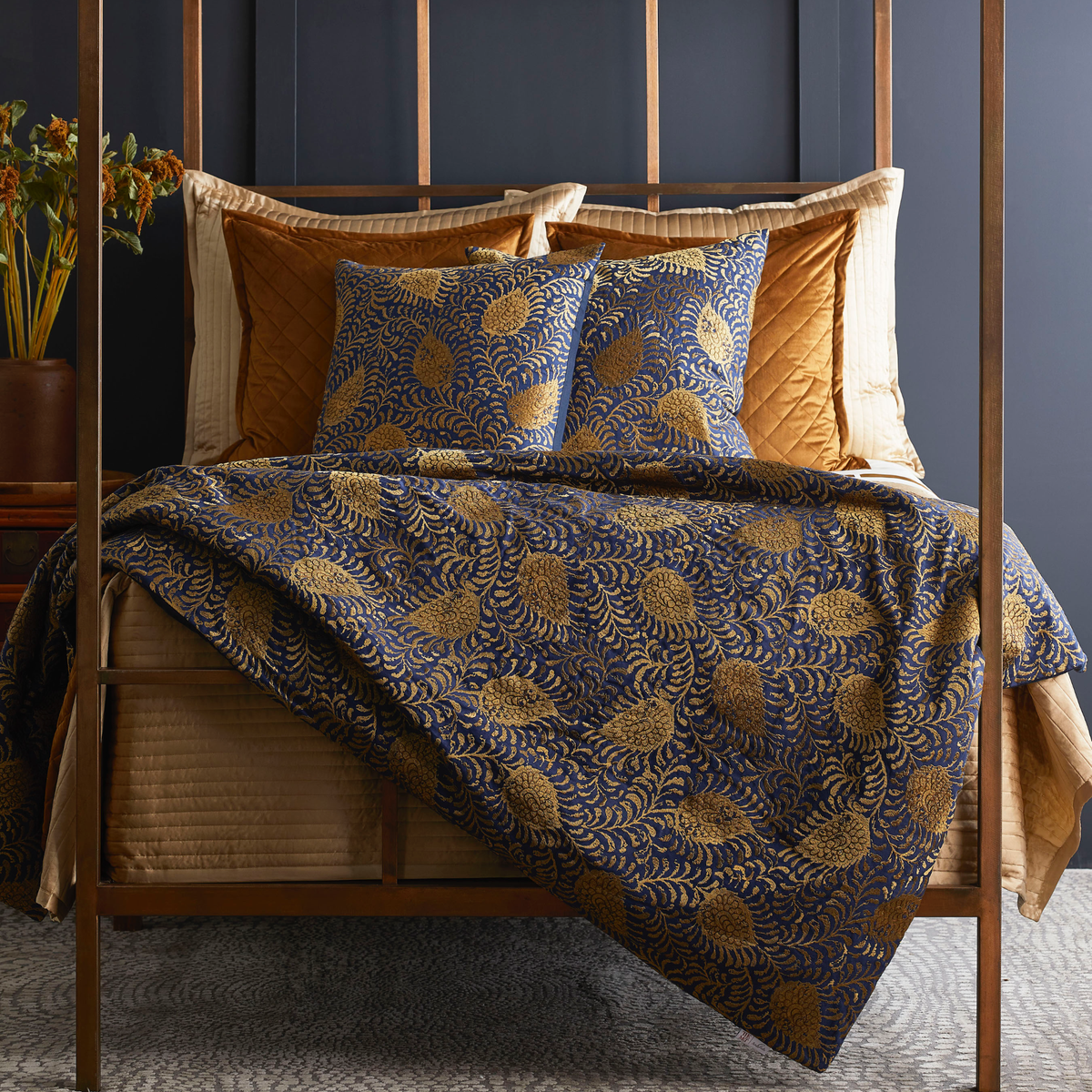 The Met x Ann Gish Kinrande Duvet Cover and Sham in Marine and Gold with Coordinate Bedding