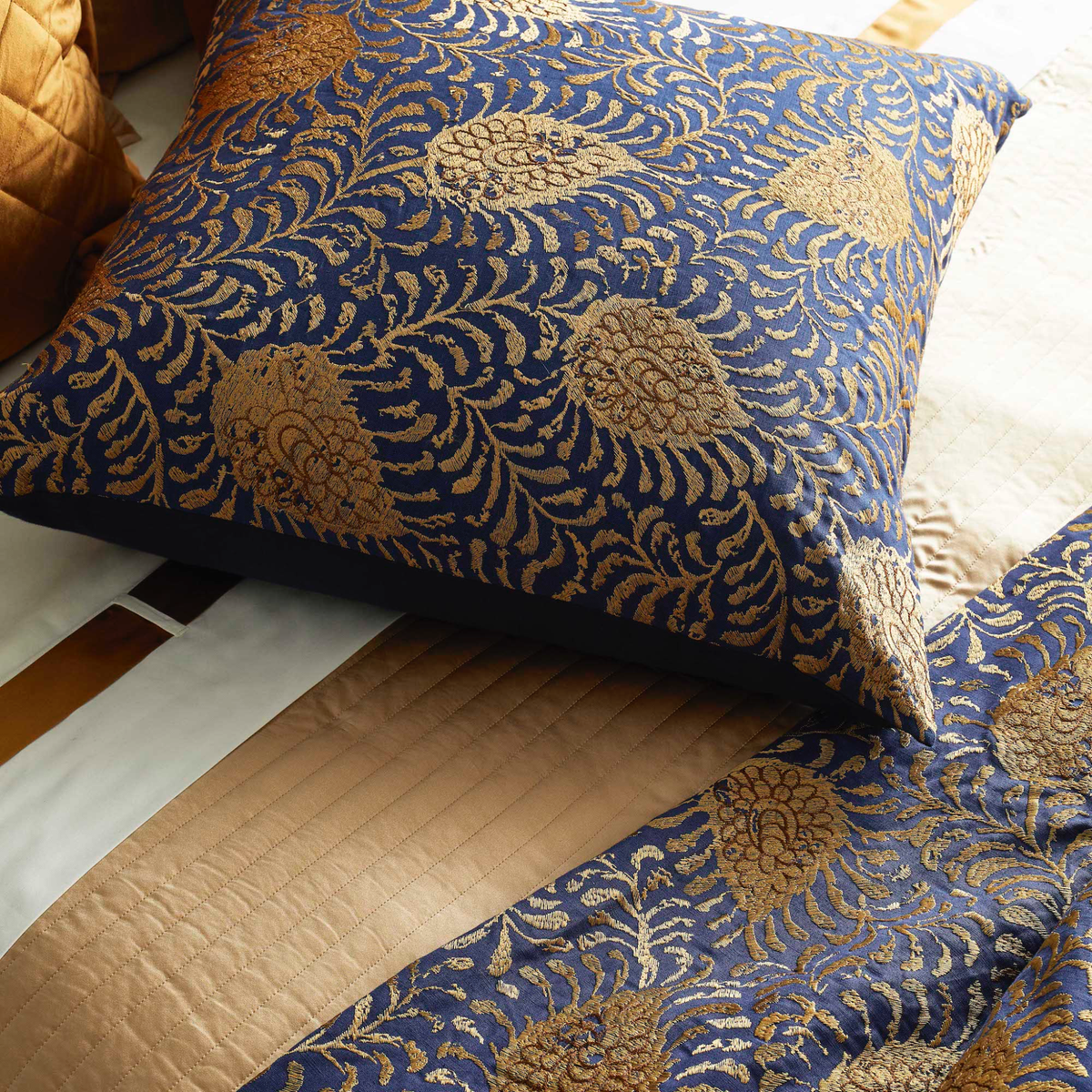 Detail View of The Met x Ann Gish Kinrande Duvet Cover and Sham in Marine and Gold