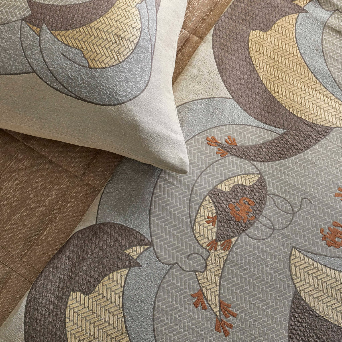 Detail View of The Met x Ann Gish Kosode Throw and Decorative Pillow in Blue and Gold