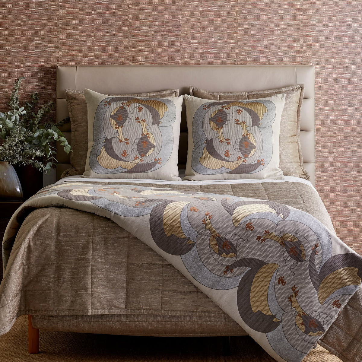 Bed with The Met x Ann Gish Kosode Throw and Decorative Pillow in Blue and Gold