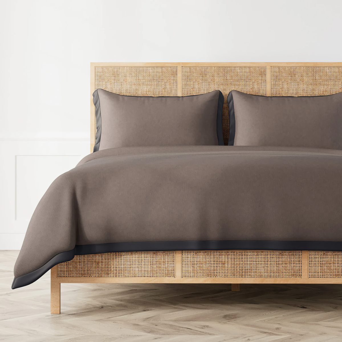 Bed with The Met x Ann Gish Lover's Kimono Duvet Cover and Sham in Charcoal