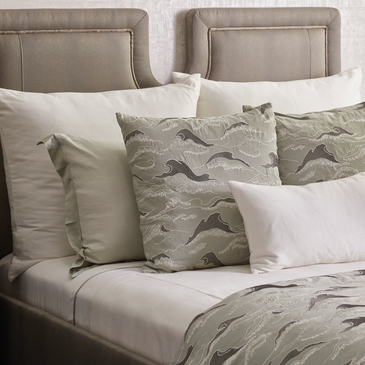 Closeup of The Met x Ann Gish Lover's Kimono Duvet Cover and Sham in Frost