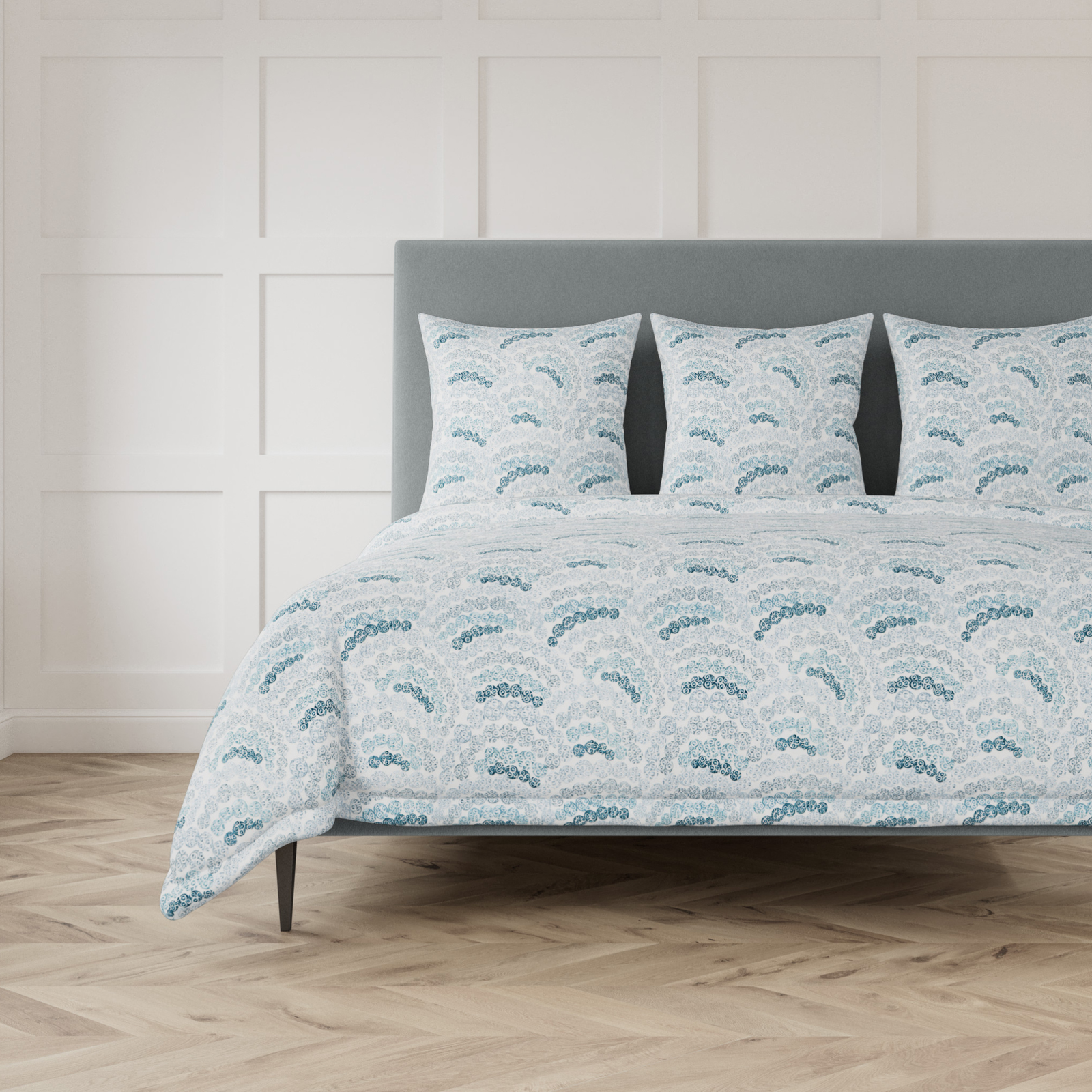 Bed with The Met x Ann Gish Nazar Bedding in Blues