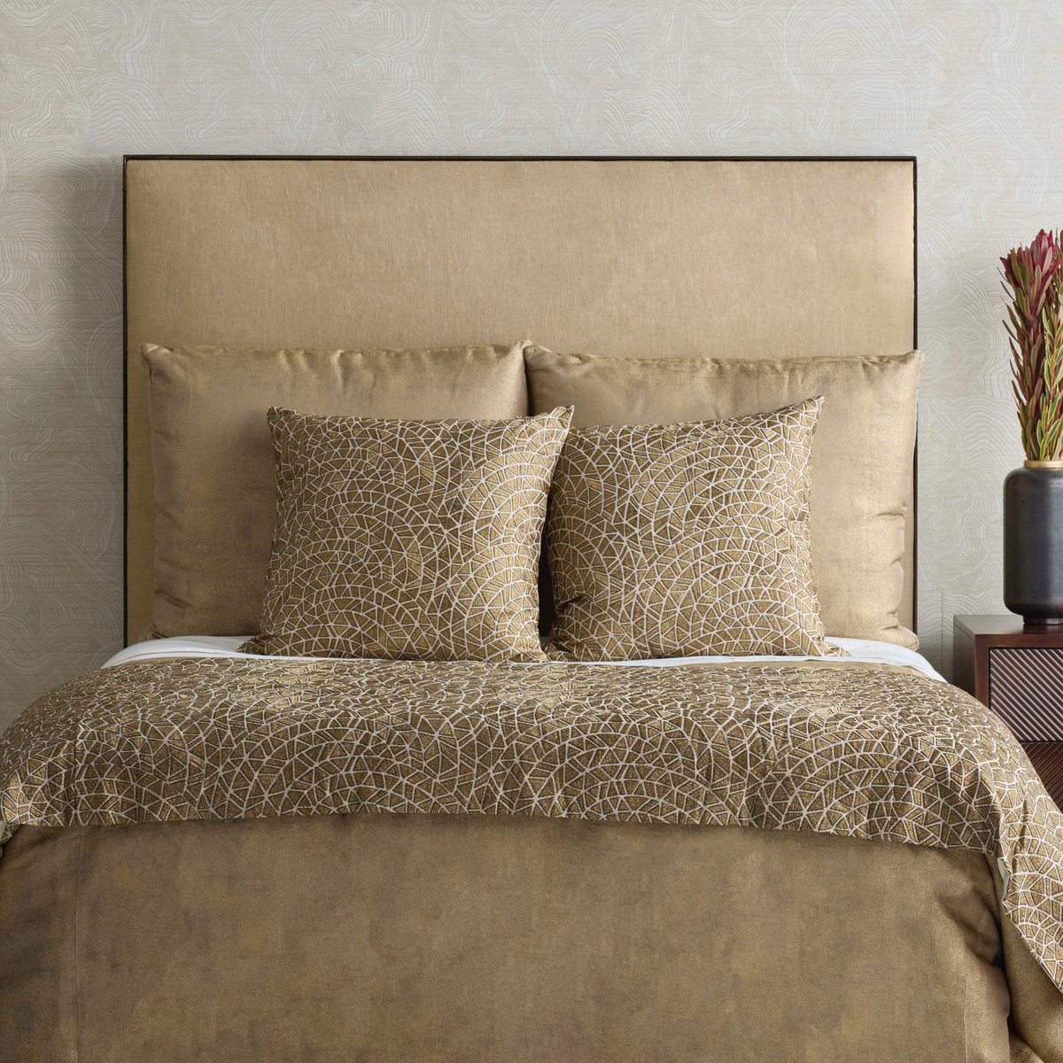The Met x Ann Gish Ornament Duvet Cover and Decorative Pillow in Gold and Charcoal with Coordinate