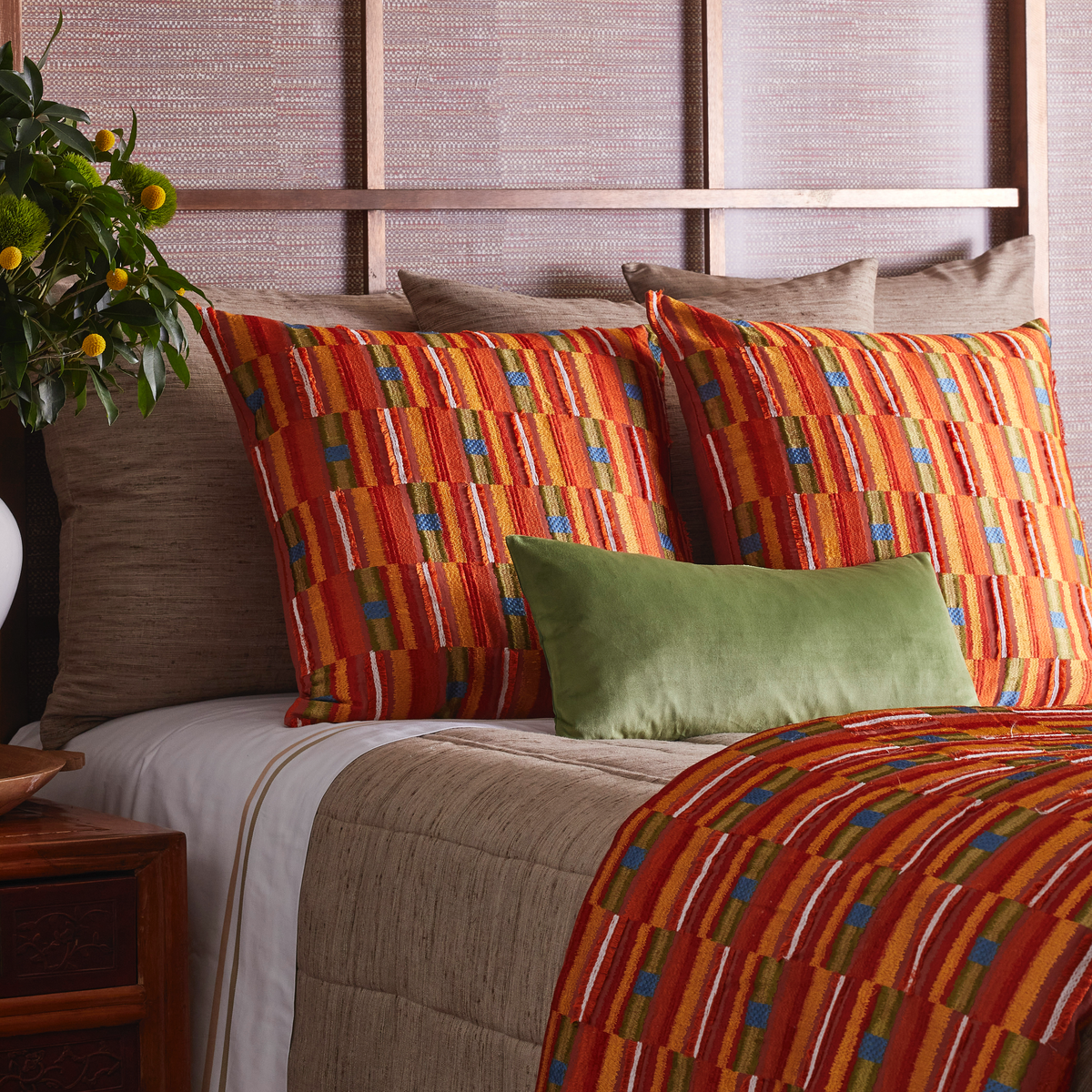 Closeup of Multi-Colored The Met x Ann Gish Pluma Duvet Cover and Decorative Pillow